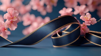Elegant Navy Blue Ribbon with Gold Trim and Pink Cherry Blossoms on a Blue Background, Perfect for Gift Wrapping and Springtime Celebrations