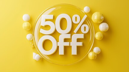 Eye-Catching 3D Render of 50% Off Sale Promotion on Yellow Background with Decorative Spheres for Advertising