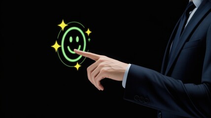 A person in a suit is touching the smiley icon. Expressing the concept of positive feedback