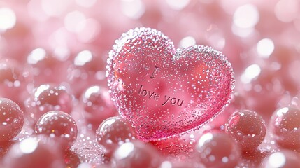 Sparkling Pink Heart with "I Love You" Inscription Surrounded by Luminous Spheres, Romantic Valentine's Day Background, Soft Focus, Dreamy Aesthetic.