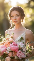 Portrait of a Beautiful Bride Holding a Pink and Peach Peony Bouquet in Golden Hour Sunlight, Outdoor Wedding Photography