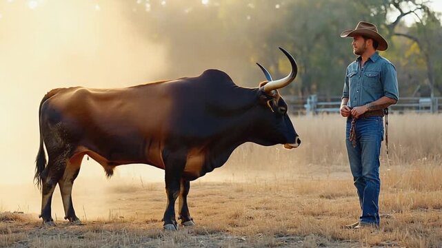 Farmer on a longhorn cattle in the west.