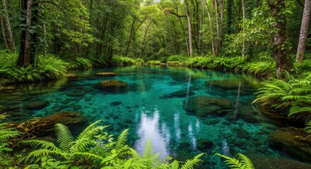 Fototapeta premium Tranquil Turquoise Spring Hidden in a Lush Green Forest.