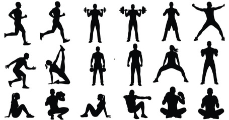 Diverse fitness silhouettes performing various exercises Vector