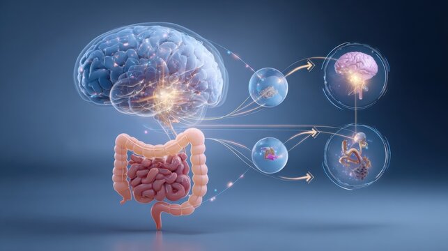 Scientific illustration showing connection between human brain and gut microbiome highlighting neural communication digestive system and mind body health relationship
