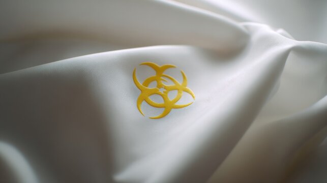 Yellow biohazard sign printed on smooth white fabric symbolizing contamination warning and laboratory safety concept suitable for medical posters and scientific backgrounds