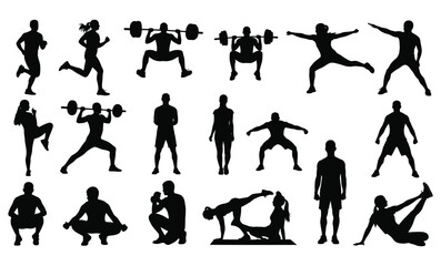 Active fitness silhouettes training, exercising, and lifting. Vector