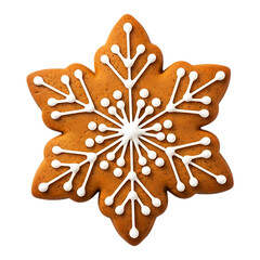 Isolated gingerbread snowflake cookie with white icing detail isolated on transparent background
