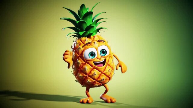 Cheerful cartoon pineapple character with expressive eyes dancing joyfully on a vibrant orange background. fun fruit animation, tropical cheerfulness, lively expression