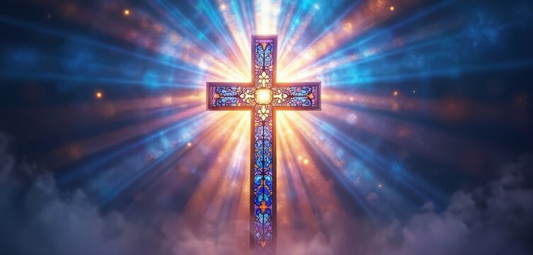 Illustration of stained glass cross with vibrant colors. The religious design radiates light representing spirituality and faith. The cross symbolizes Christianity and devotion with intricate details.