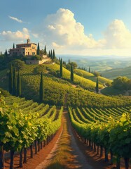 Naklejka premium Tuscany vineyard on rolling hills with grapevines under clear blue sky. Rural Italian landscape with large house on top of hill. Green vineyards, cypress trees surround house. Dirt road runs through