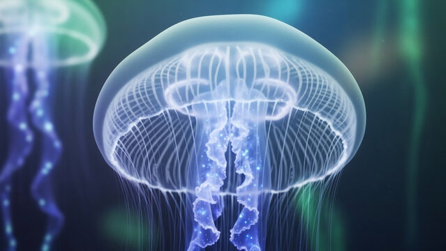 Elegant jellyfish gracefully dancing in the ocean depths with ethereal beauty