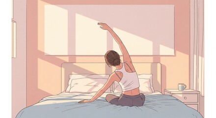 Stylized Illustration of Woman Stretching in Bedroom