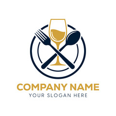 Abstract navy blue and golden yellow restaurant logo design template with crossed fork spoon and wine glass inside a circular plate icon