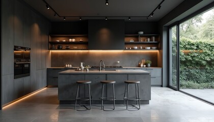 Modern dark kitchen with island and bar stools. Sleek cabinetry and open shelves. Large window overlooks green garden. Contemporary home interior design.