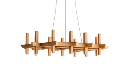 PNG of Stunning wooden ceiling light fixture with a modern design, showcasing a unique interplay of shapes and natural materials.