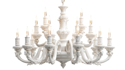 PNG of Elegant white chandelier with 15 candle-like lights, showcasing intricate design and luxurious ambiance.