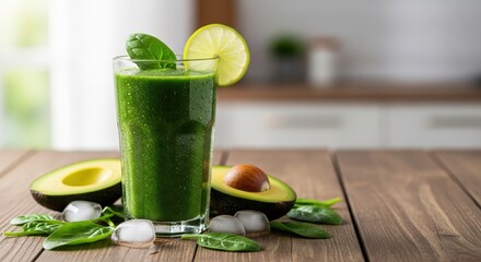  Fresh Green Smoothie with Spinach and Avocado on Wooden Table