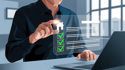 Man using technology for real estate application and complete home checklist, representing home buying or building and property planning. The house icon lights up.