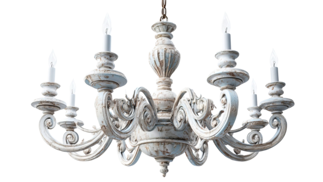 PNG of Elegant white vintage chandelier with intricate detailing and glowing candle-like lights.