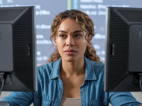 Female software developer headshot — mixed-race woman at dual monitors, women in tech - Powered by Adobe