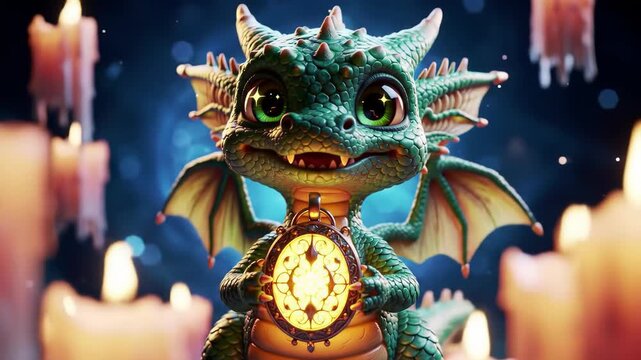 Adorable baby dragon holding glowing lantern amidst flickering candles in magical evening scene. fantasy creature, mystical enchantment, whimsical atmosphere