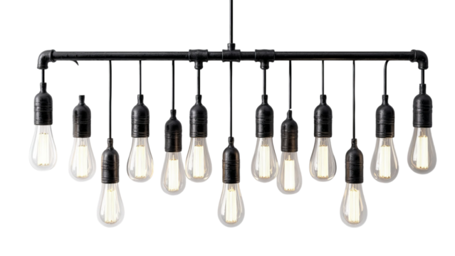 PNG of Stylish industrial pendant light fixture with multiple vintage bulbs hanging elegantly.