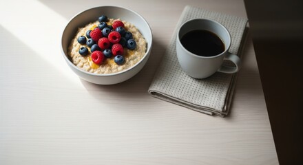Minimal Oatmeal Breakfast with Berries and Coffee Top View