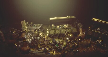 A collection of ancient artifacts and golden objects is illuminated softly in a dimly lit setting.