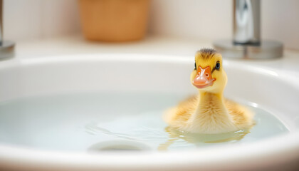 A baby duck is swimming in a sink