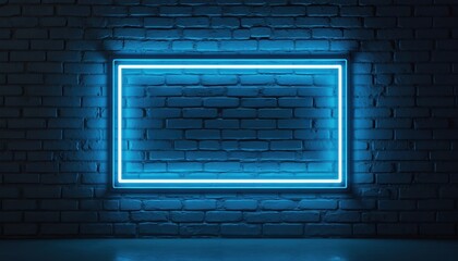 Glowing blue neon rectangle frame on dark brick wall. Empty space for text or graphics. Modern futuristic backdrop for promotions or events. Atmospheric lighting.