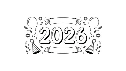 Obraz premium Hand drawn doodle style illustration of the year 2026 with festive elements like balloons and party hats