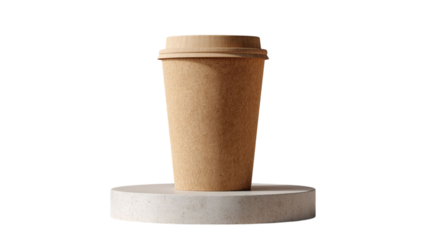 PNG of A plain kraft paper coffee cup sits on a circular concrete pedestal, highlighting sustainable design.