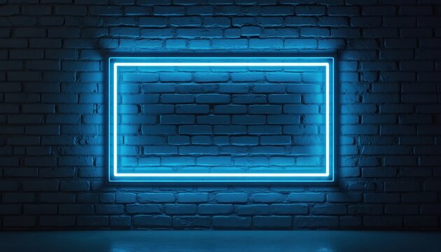 Glowing blue neon rectangle frame on dark brick wall. Empty space for text or graphics. Modern futuristic backdrop for promotions or events. Atmospheric lighting.