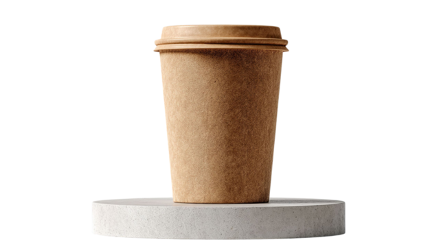 PNG of A brown kraft paper coffee cup on a minimalist concrete coaster, showcasing eco-friendly design and modern aesthetics.