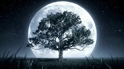 Moonlit tree and starry night sky with ladder set against a large luminous moon in serene nature scene. tranquility, nighttime serenity, connection with nature - Powered by Adobe