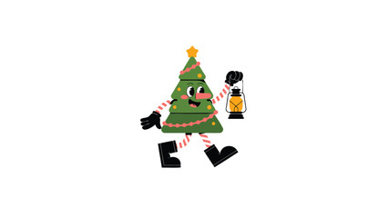 Whimsical cartoon christmas tree character with a glowing lantern and festive attire walking happily