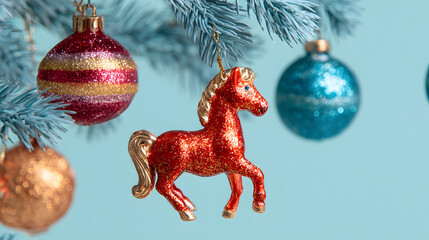 Colorful horse ornament hanging on a festive Christmas tree