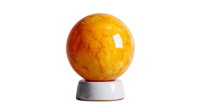 PNG of A beautifully crafted yellow onyx globe resting on a sleek marble stand, radiating warmth and elegance.