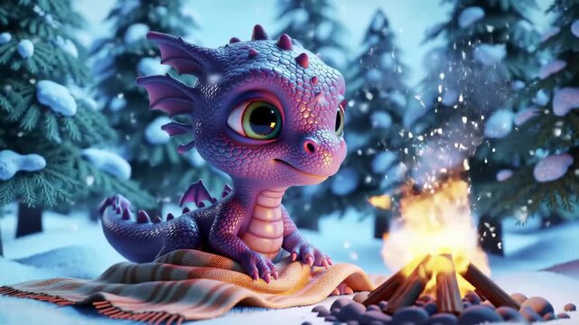 Adorable purple dragon sitting by a warm campfire in snowy forest during winter wonderland animation. fantasy creature, cozy campfire scene, magical winter forest