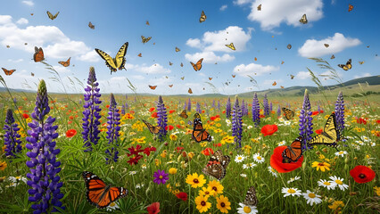 A vibrant summer meadow filled with colorful wildflowers and numerous monarch and swallowtail butterflies flying under a blue sky