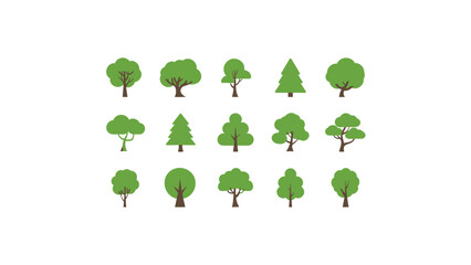 Collection of diverse green trees in various shapes and sizes on a white background representing nature and growth