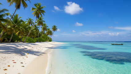 Idyllic tropical beach scene with white sand, turquoise water, palm trees, and clear blue sky in the maldives