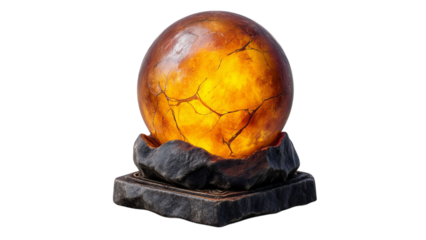 PNG of A glowing orb with an orange hue, resting on a textured stone base, radiating warmth and mystical energy.
