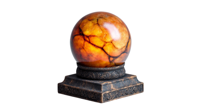 PNG of A mesmerizing crystal ball with swirling orange and yellow hues resting atop an ornate base.
