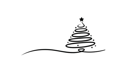 Minimalist hand drawn christmas tree illustration with a star and swirling base on a white background