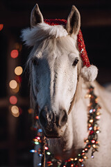 White horse wearing a Santa hat and Christmas lights in a festive setting at a barn during winter