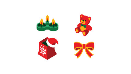 Collection of four festive christmas icons including candles teddy bear gift tag and bow