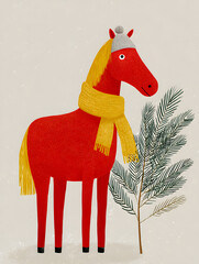 Bright red horse wearing a gray hat and yellow scarf stands beside a pine branch against a neutral background