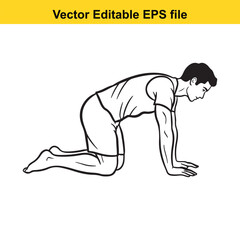 Obraz premium Man performing cat pose exercise illustration for yoga or fitness routine, vector editable eps file isolated on white background
